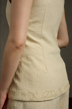 Minimalist Linen V-Neck Hand Beaded Sleeveless Vest & Wide-Leg Pants Set