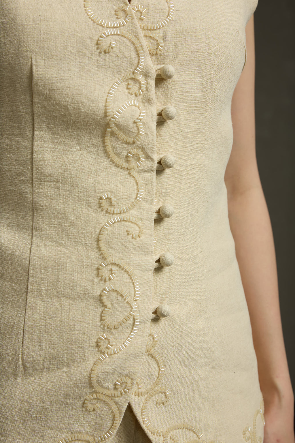 Minimalist Linen V-Neck Hand Beaded Sleeveless Vest & Wide-Leg Pants Set