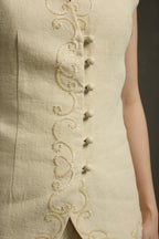 Minimalist Linen V-Neck Hand Beaded Sleeveless Vest & Wide-Leg Pants Set