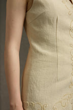 Minimalist Linen V-Neck Hand Beaded Sleeveless Vest & Wide-Leg Pants Set