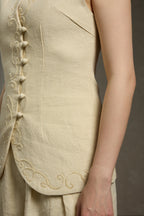 Minimalist Linen V-Neck Hand Beaded Sleeveless Vest & Wide-Leg Pants Set