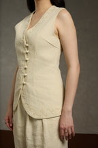 Minimalist Linen V-Neck Hand Beaded Sleeveless Vest & Wide-Leg Pants Set