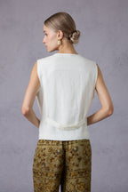 Pure White V-Neck Linen Vest & Moss Green Retro Printed Wide-Leg Pants Set