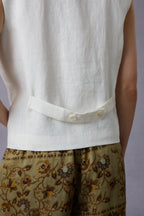 Pure White V-Neck Linen Vest & Moss Green Retro Printed Wide-Leg Pants Set