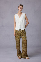 Pure White V-Neck Linen Vest & Moss Green Retro Printed Wide-Leg Pants Set