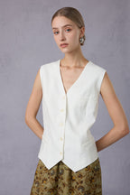 Pure White V-Neck Linen Vest & Moss Green Retro Printed Wide-Leg Pants Set