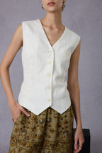 Pure White V-Neck Linen Vest & Moss Green Retro Printed Wide-Leg Pants Set