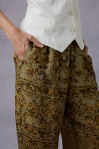 Pure White V-Neck Linen Vest & Moss Green Retro Printed Wide-Leg Pants Set