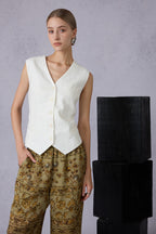 Pure White V-Neck Linen Vest & Moss Green Retro Printed Wide-Leg Pants Set