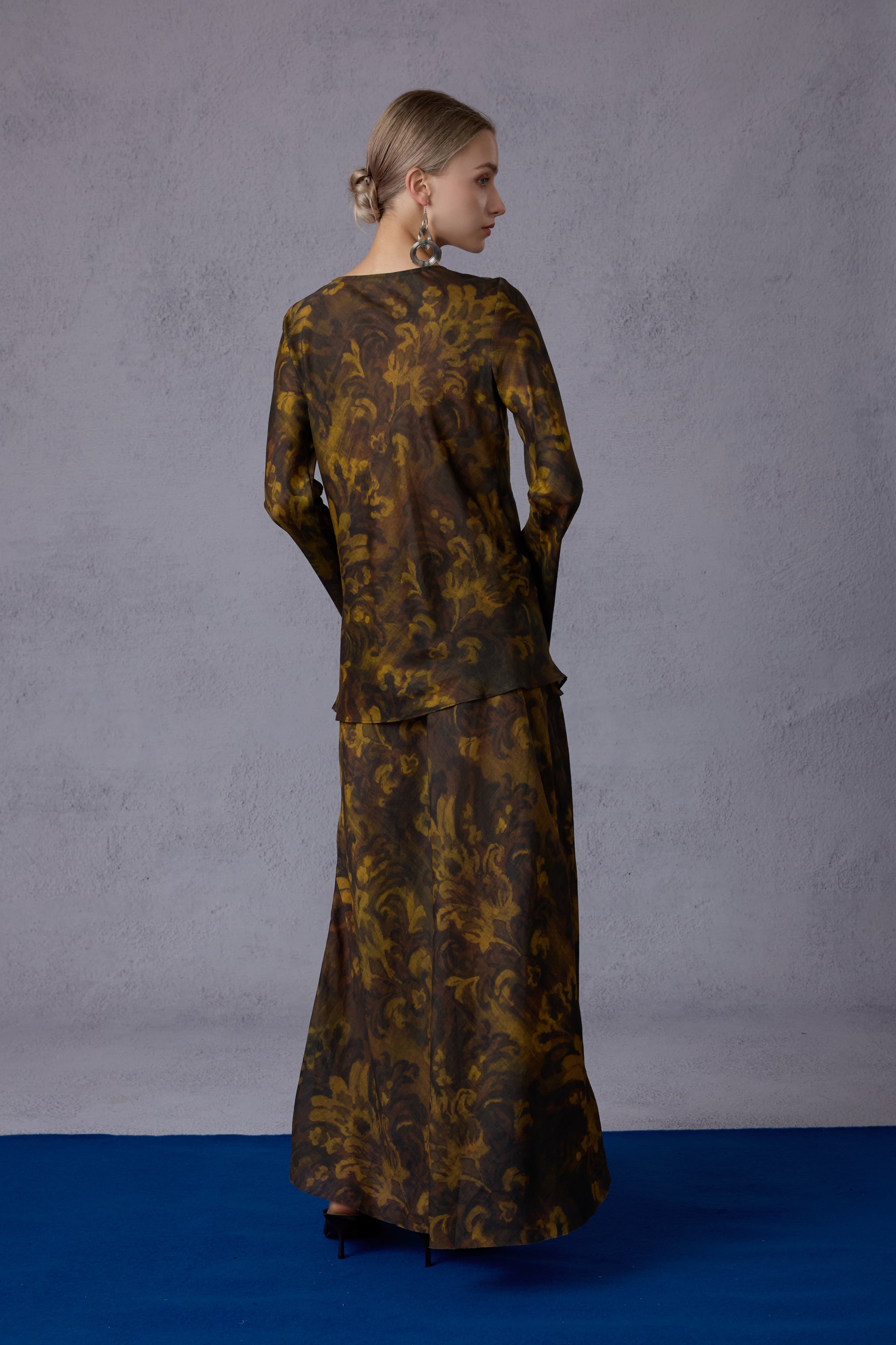 Gilded Oil Painting Style Long-sleeve Top + Half Skirt