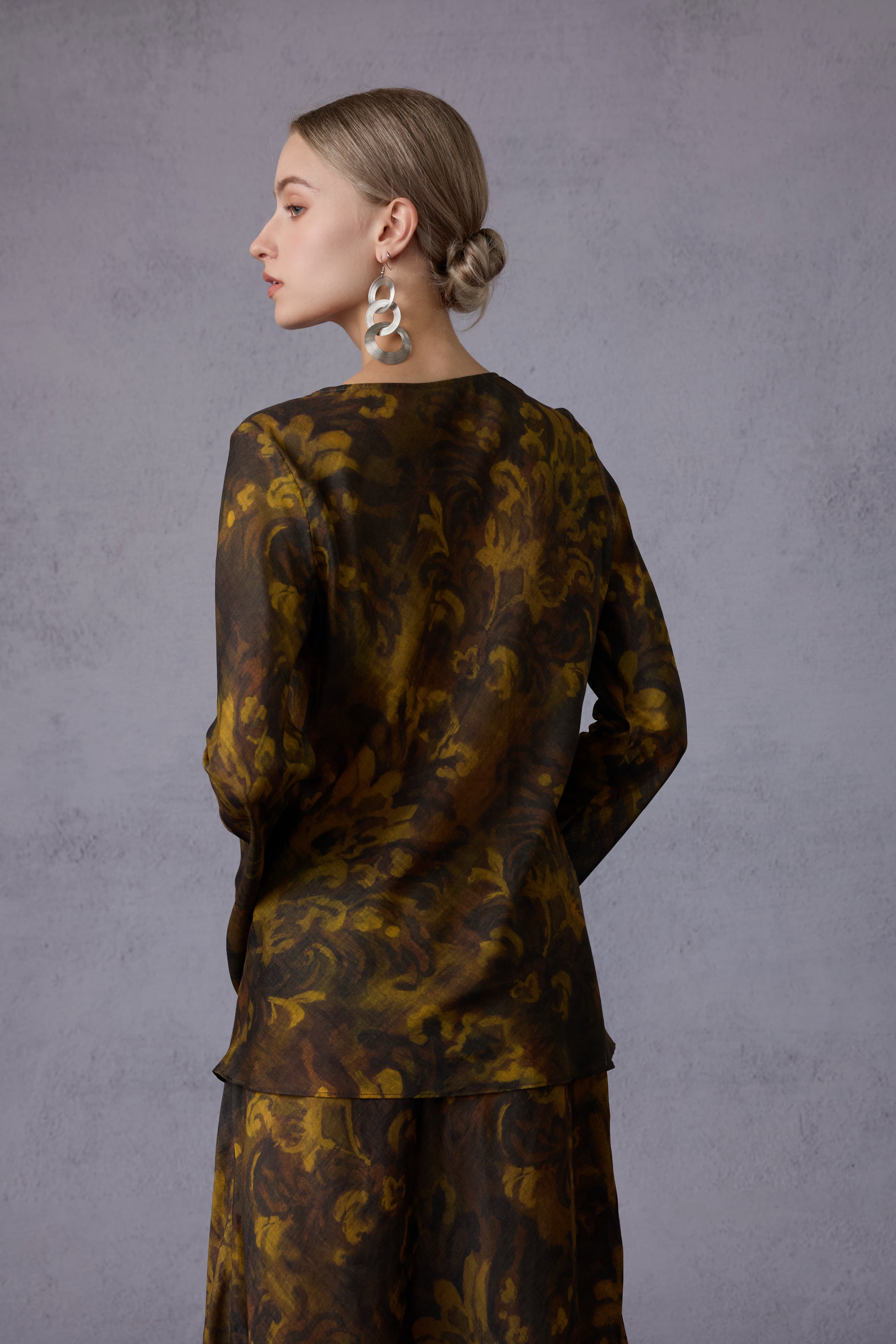 Gilded Oil Painting Style Long-sleeve Top + Half Skirt