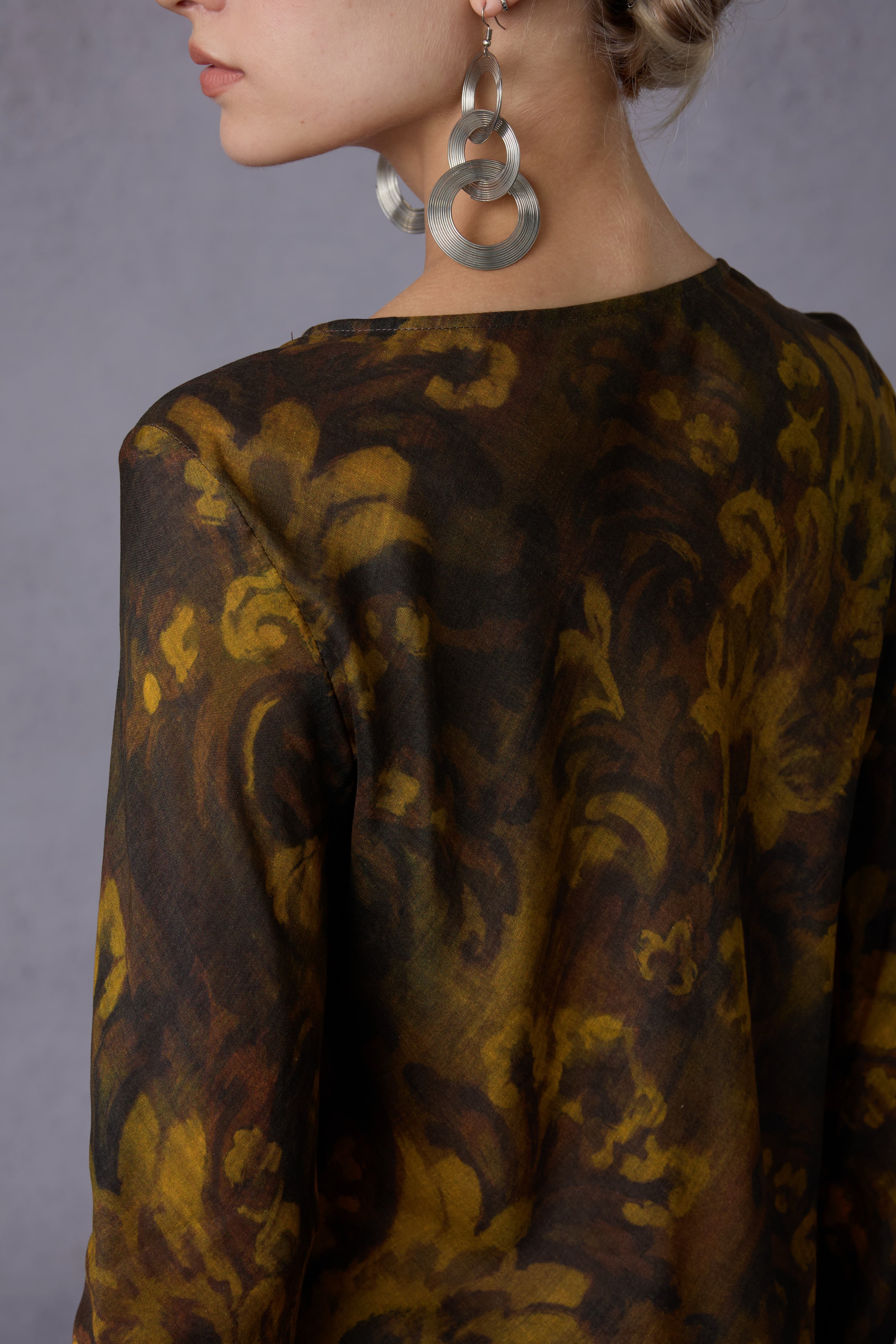 Gilded Oil Painting Style Long-sleeve Top + Half Skirt