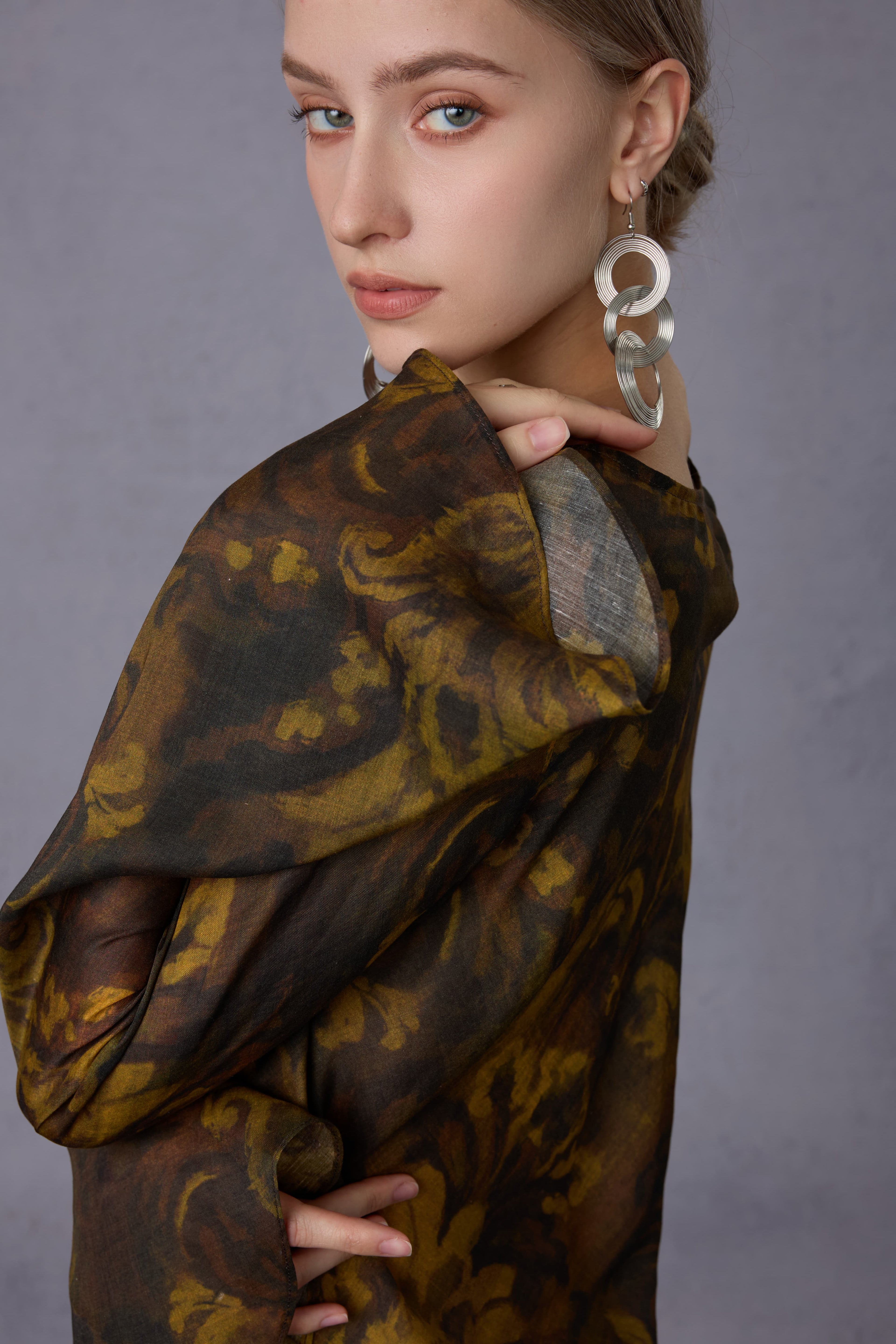 Gilded Oil Painting Style Long-sleeve Top + Half Skirt