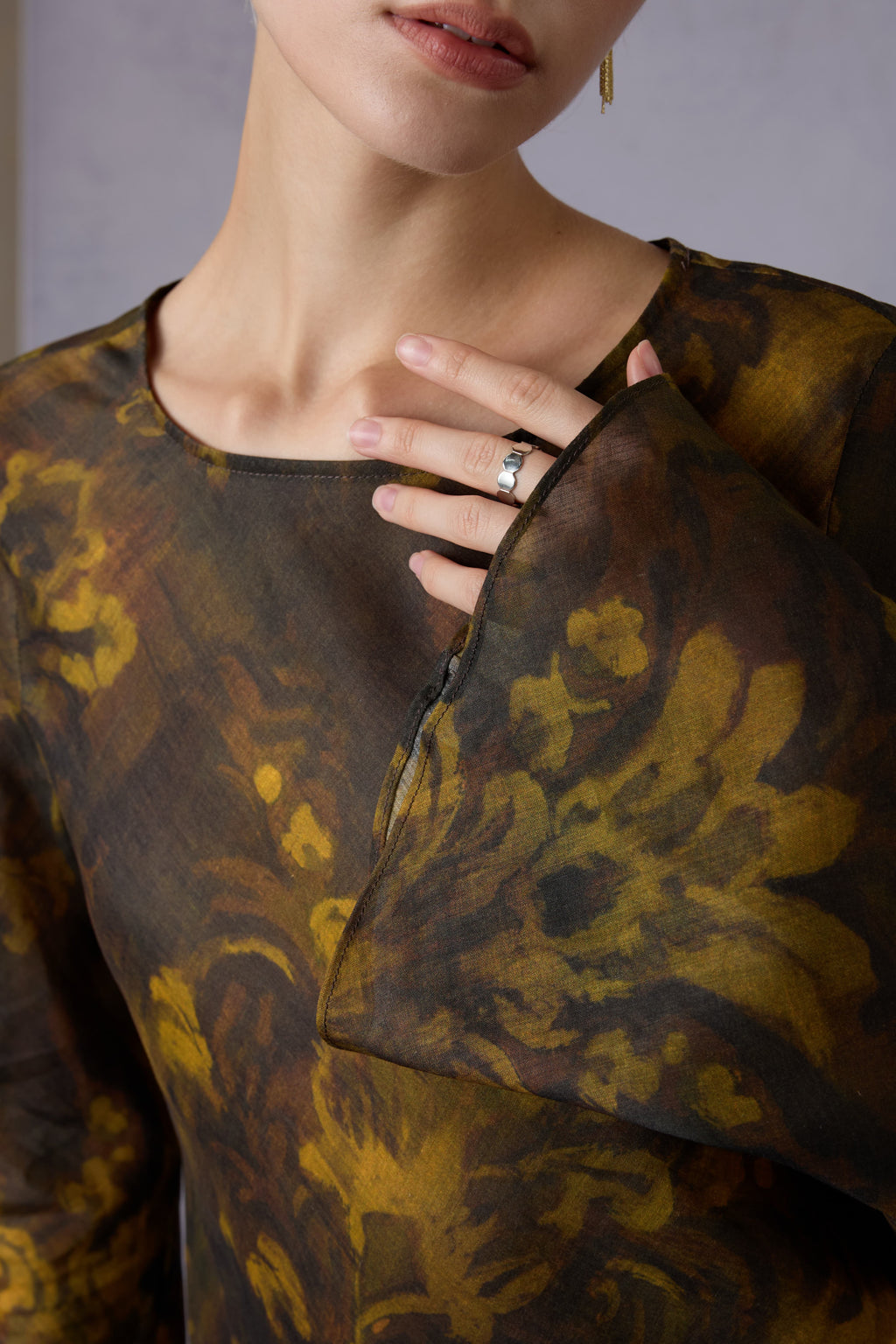 Gilded Oil Painting Style Long-sleeve Top + Half Skirt