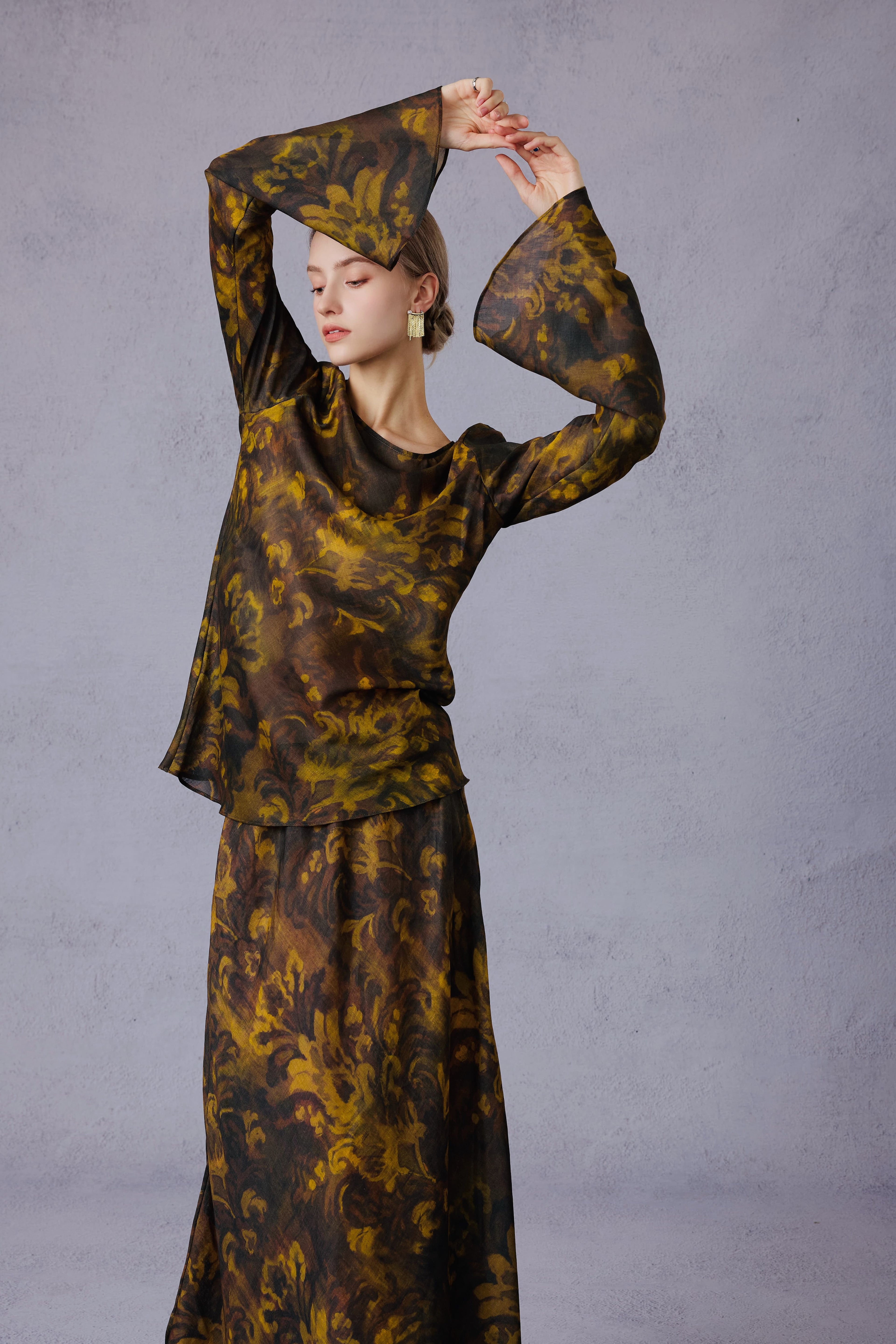 Gilded Oil Painting Style Long-sleeve Top + Half Skirt
