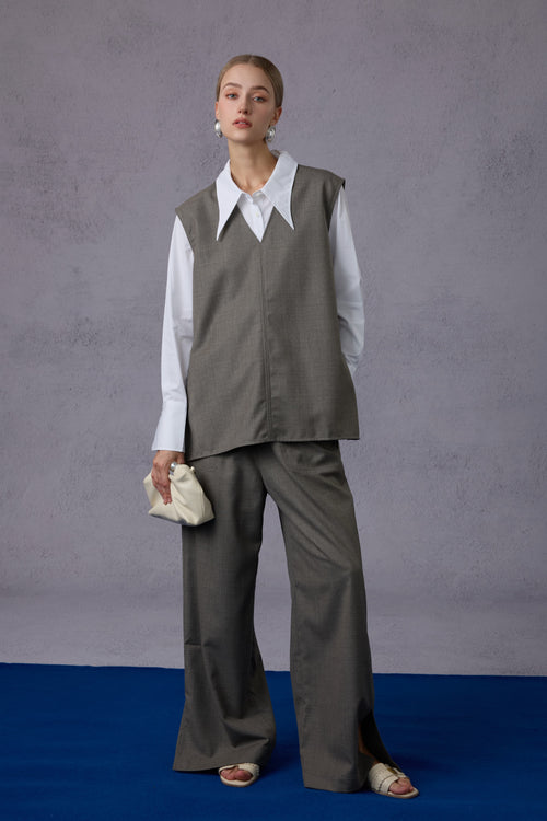 Cloud Luxury Commuting Worsted Wool V-Neck Vest + Shirt + Wide-Leg Pants Three-Piece Set