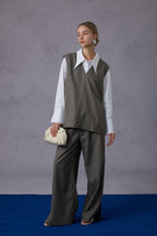 Cloud Luxury Commuting Worsted Wool V-Neck Vest + Shirt + Wide-Leg Pants Three-Piece Set