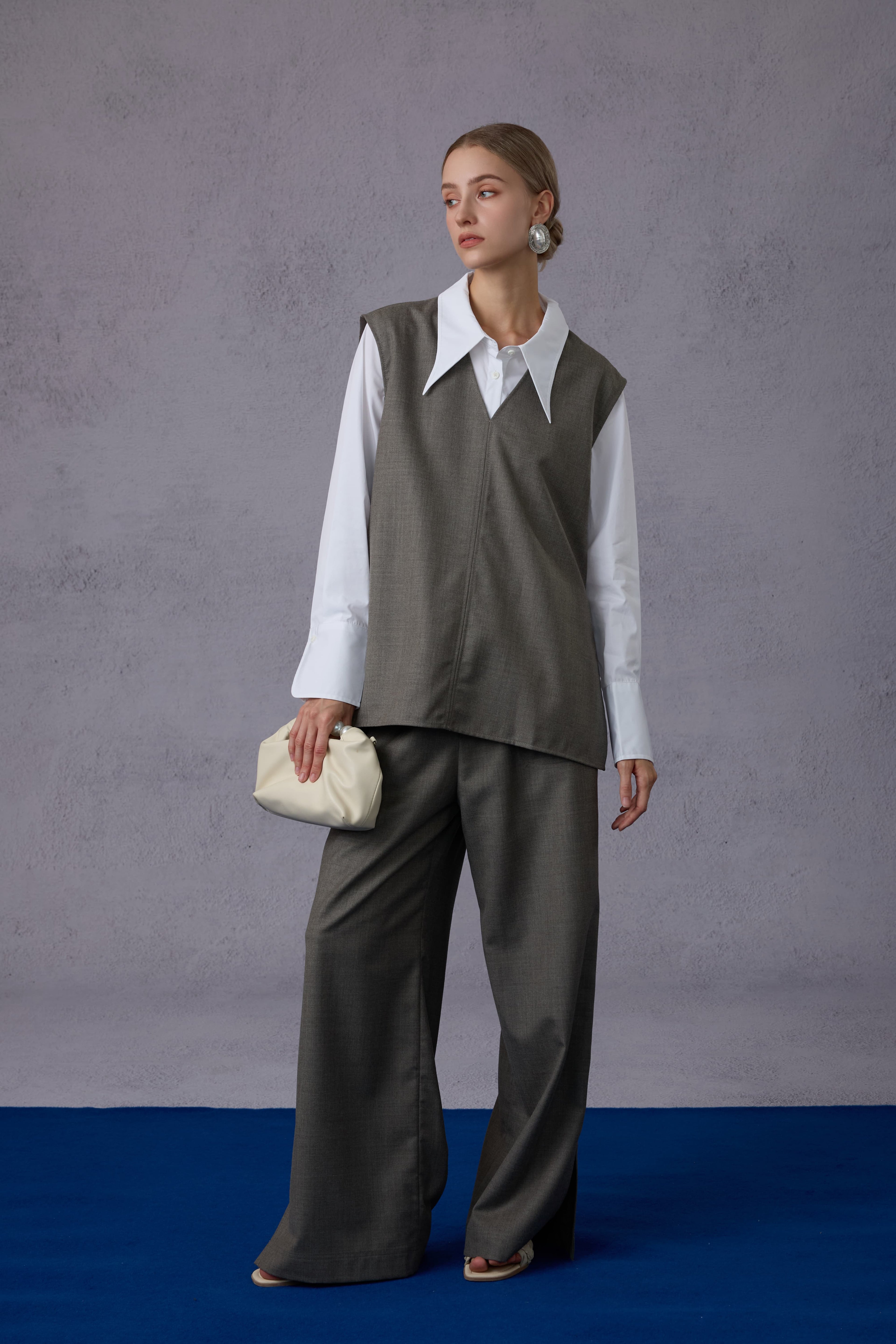 Cloud Luxury Commuting Worsted Wool V-Neck Vest + Shirt + Wide-Leg Pants Three-Piece Set