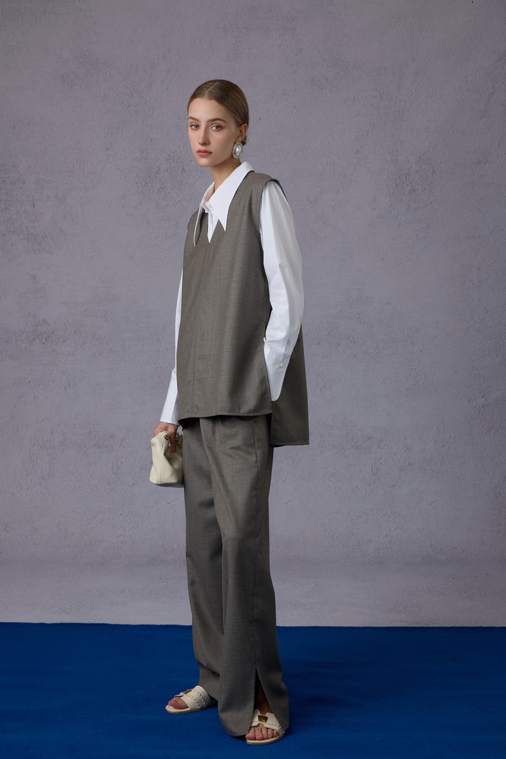 Cloud Luxury Commuting Worsted Wool V-Neck Vest + Shirt + Wide-Leg Pants Three-Piece Set