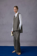 Cloud Luxury Commuting Worsted Wool V-Neck Vest + Shirt + Wide-Leg Pants Three-Piece Set