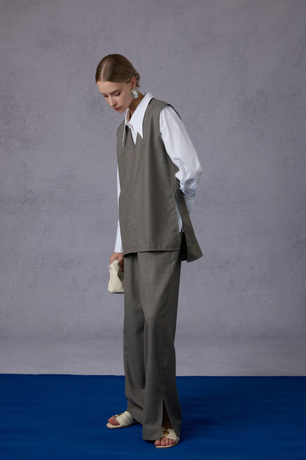 Cloud Luxury Commuting Worsted Wool V-Neck Vest + Shirt + Wide-Leg Pants Three-Piece Set