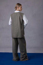 Cloud Luxury Commuting Worsted Wool V-Neck Vest + Shirt + Wide-Leg Pants Three-Piece Set