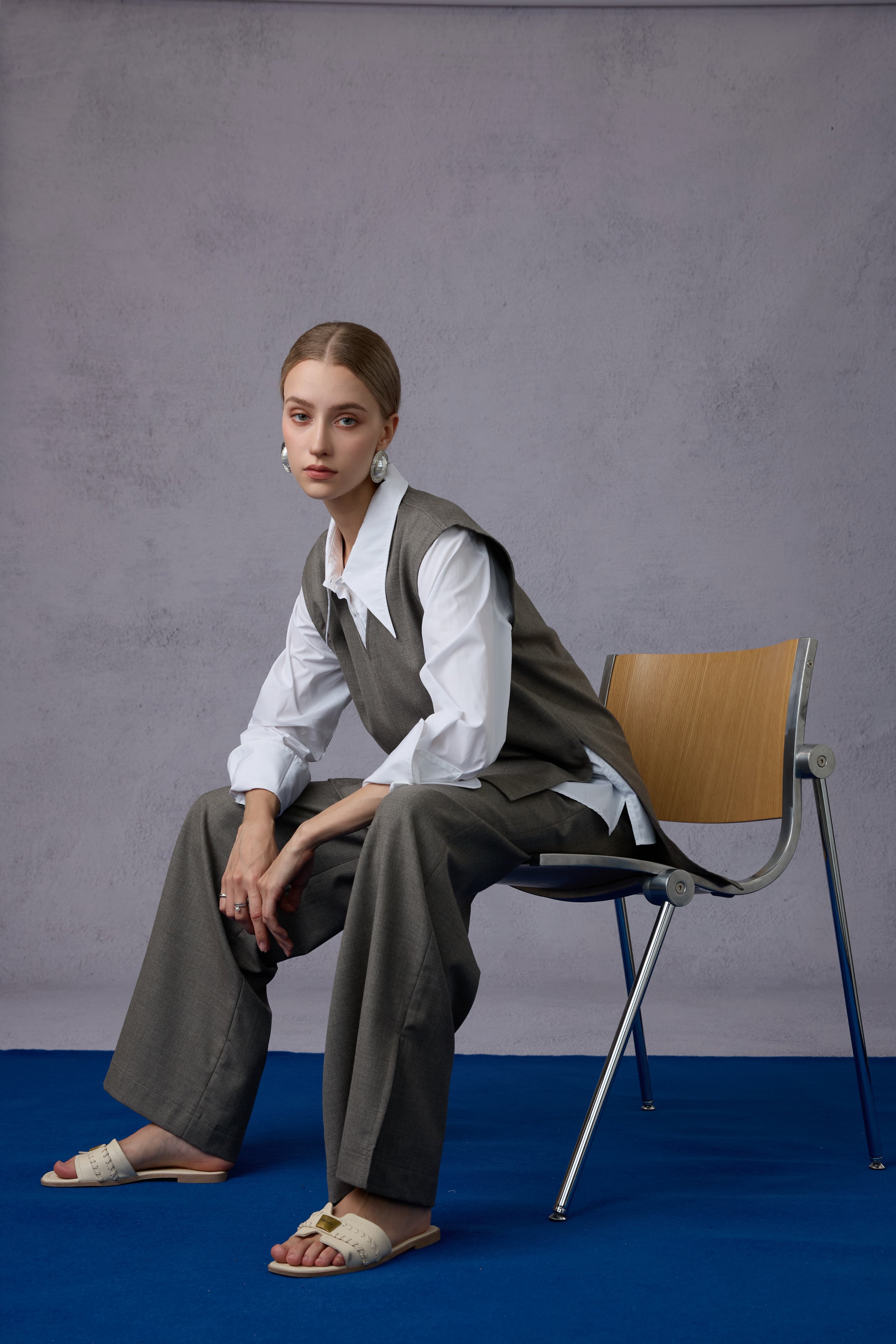 Cloud Luxury Commuting Worsted Wool V-Neck Vest + Shirt + Wide-Leg Pants Three-Piece Set