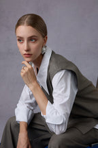 Cloud Luxury Commuting Worsted Wool V-Neck Vest + Shirt + Wide-Leg Pants Three-Piece Set