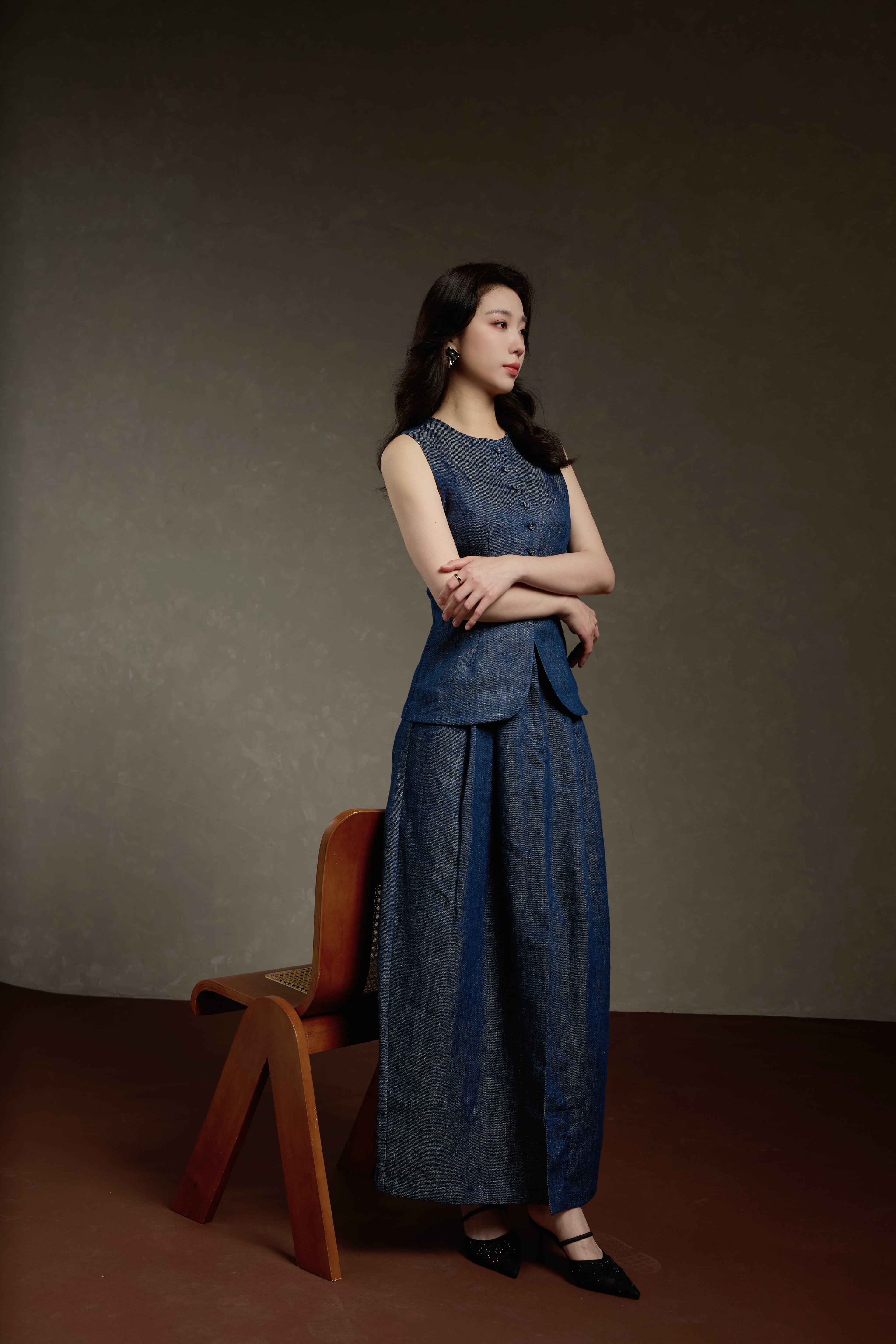 Simple Linen Charm Linen Vest + Straight Pants & Skirt Three-Piece Set