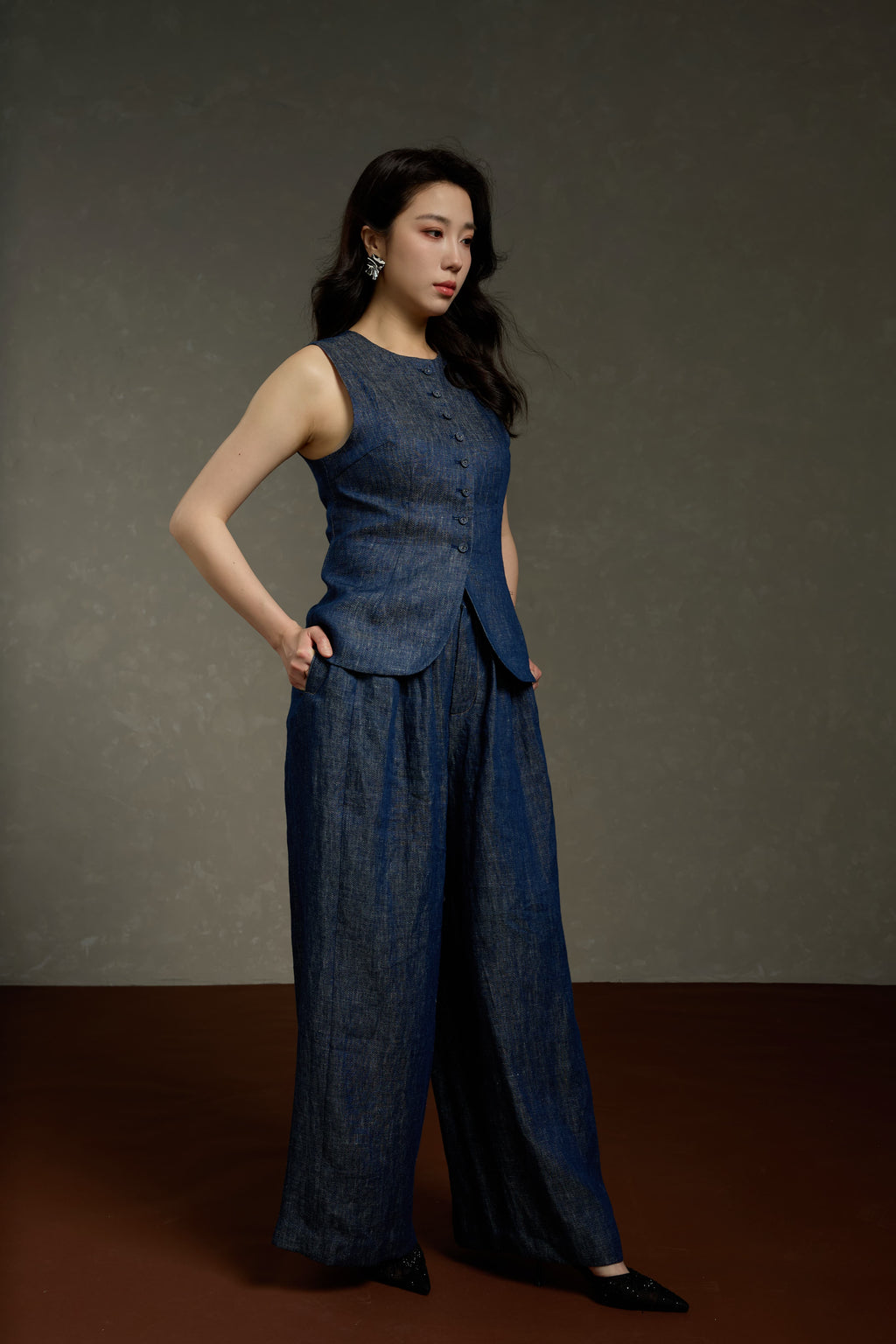 Simple Linen Charm Linen Vest + Straight Pants & Skirt Three-Piece Set