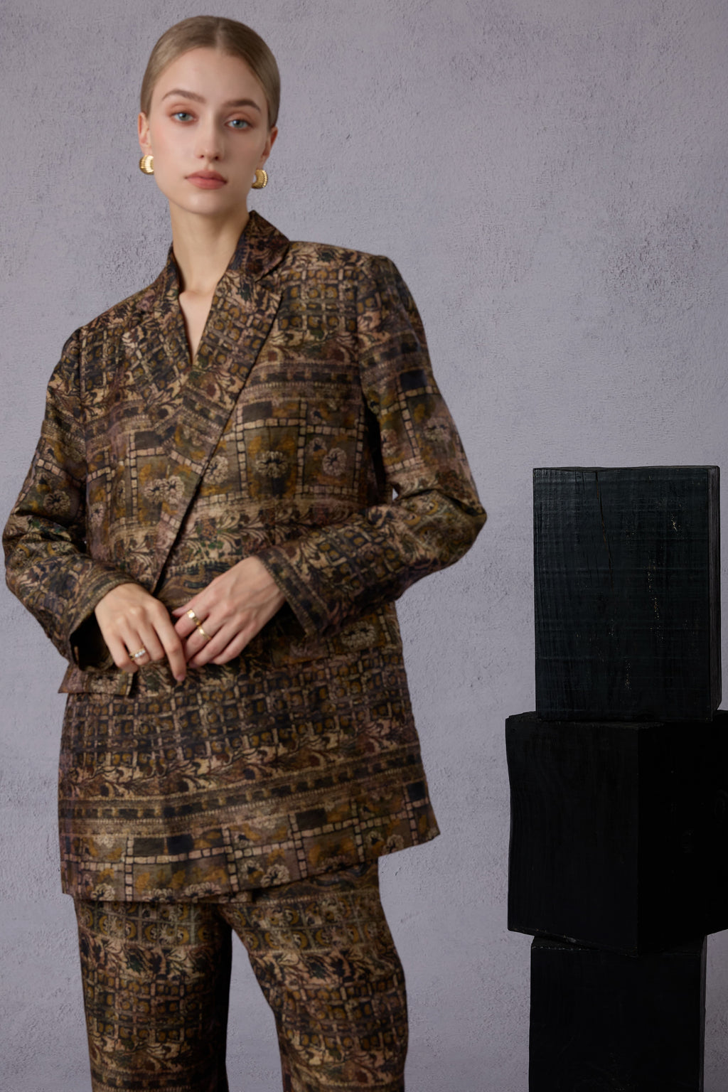 Gui Xu Retro Print Top + Loose Wide Leg Long Pants Set
