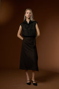 Elegant solid-color high-collar vest and skirt set