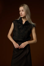 Elegant solid-color high-collar vest and skirt set