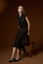 Elegant solid-color high-collar vest and skirt set