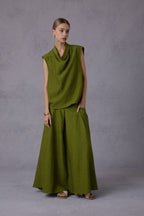 Wild Texture Hemp Sleeveless Top + Drape Big Swing Half Skirt Set