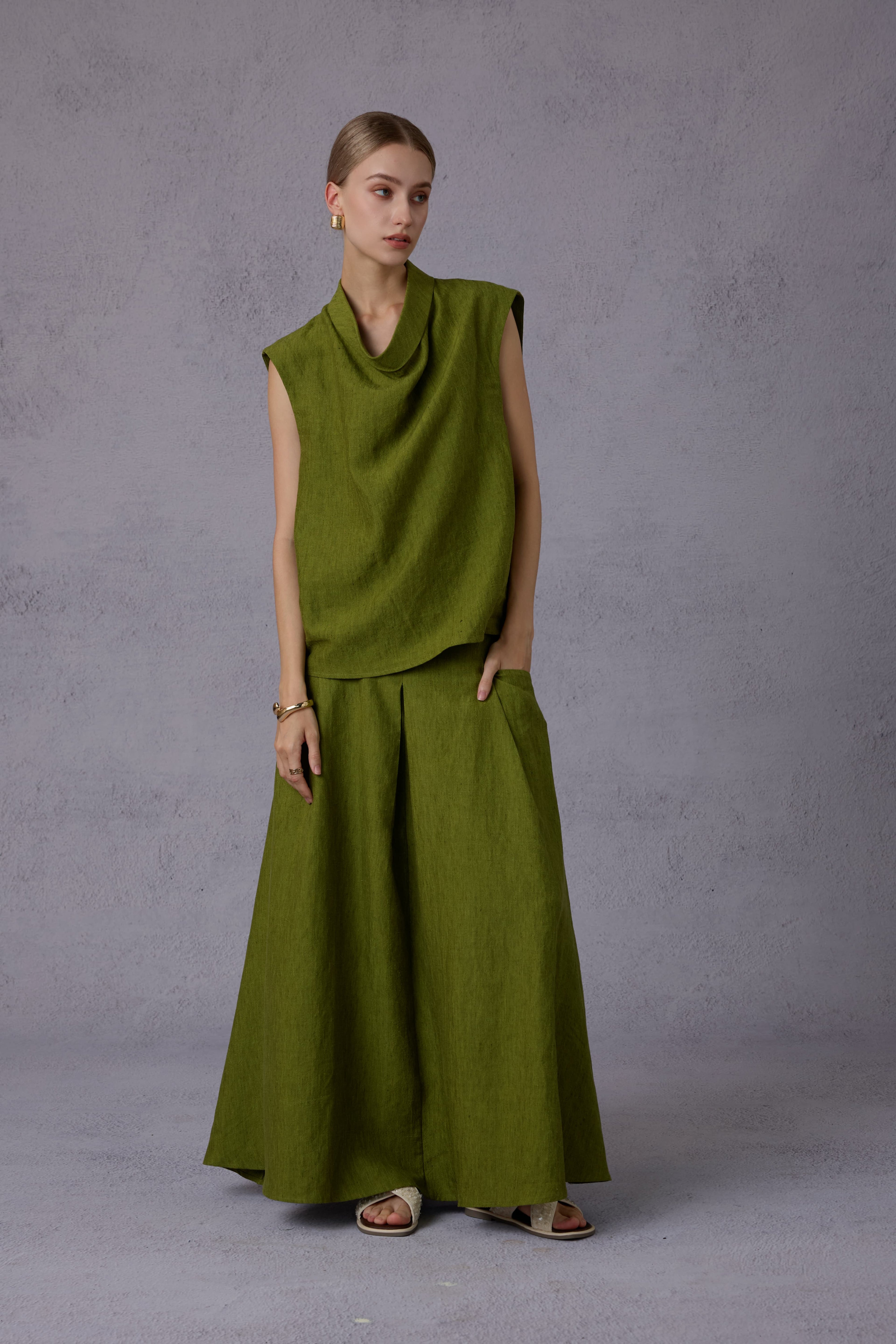 Wild Texture Hemp Sleeveless Top + Drape Big Swing Half Skirt Set