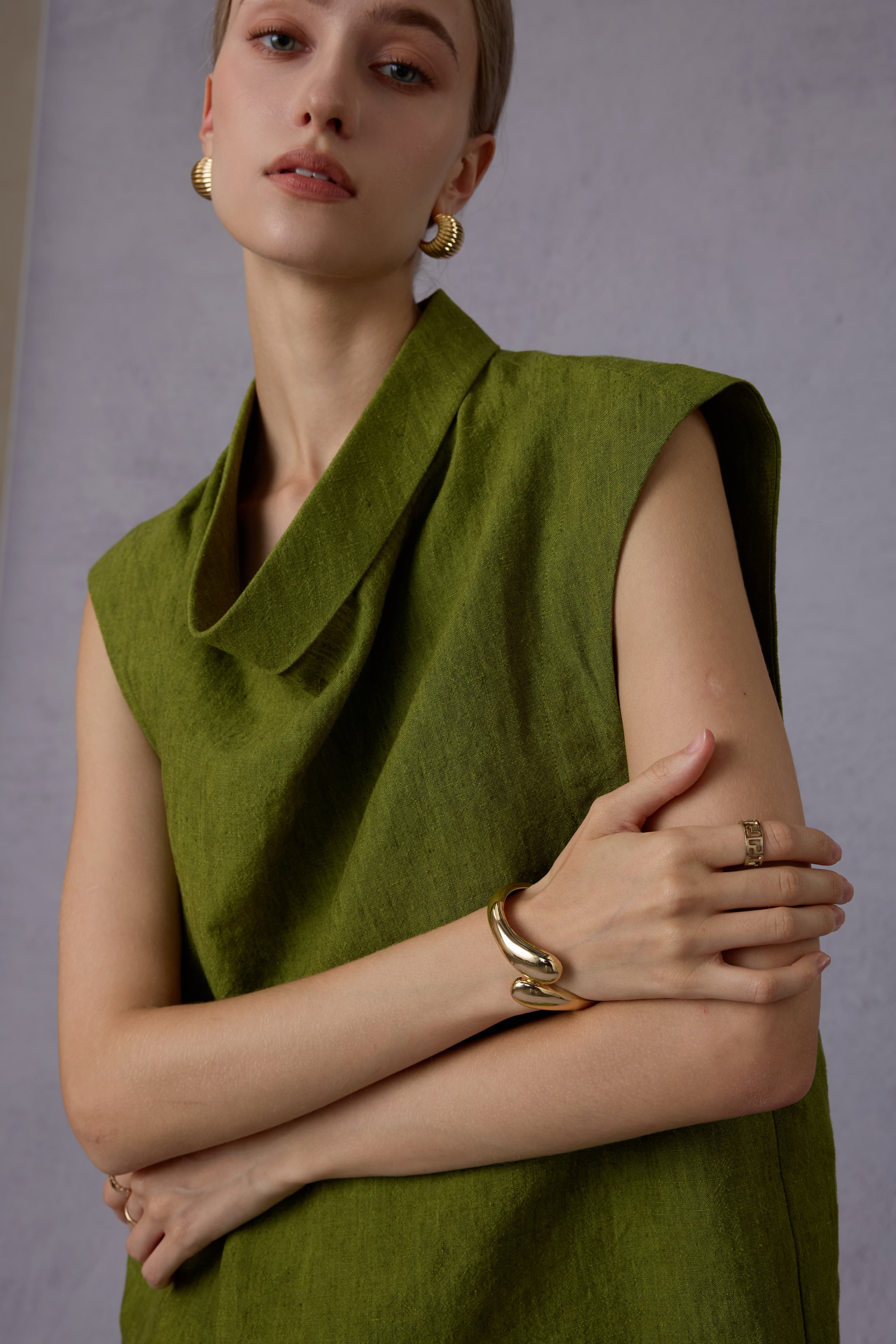Wild Texture Hemp Sleeveless Top + Drape Big Swing Half Skirt Set