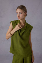 Wild Texture Hemp Sleeveless Top + Drape Big Swing Half Skirt Set