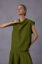 Wild Texture Hemp Sleeveless Top + Drape Big Swing Half Skirt Set
