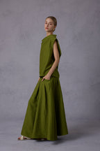 Wild Texture Hemp Sleeveless Top + Drape Big Swing Half Skirt Set