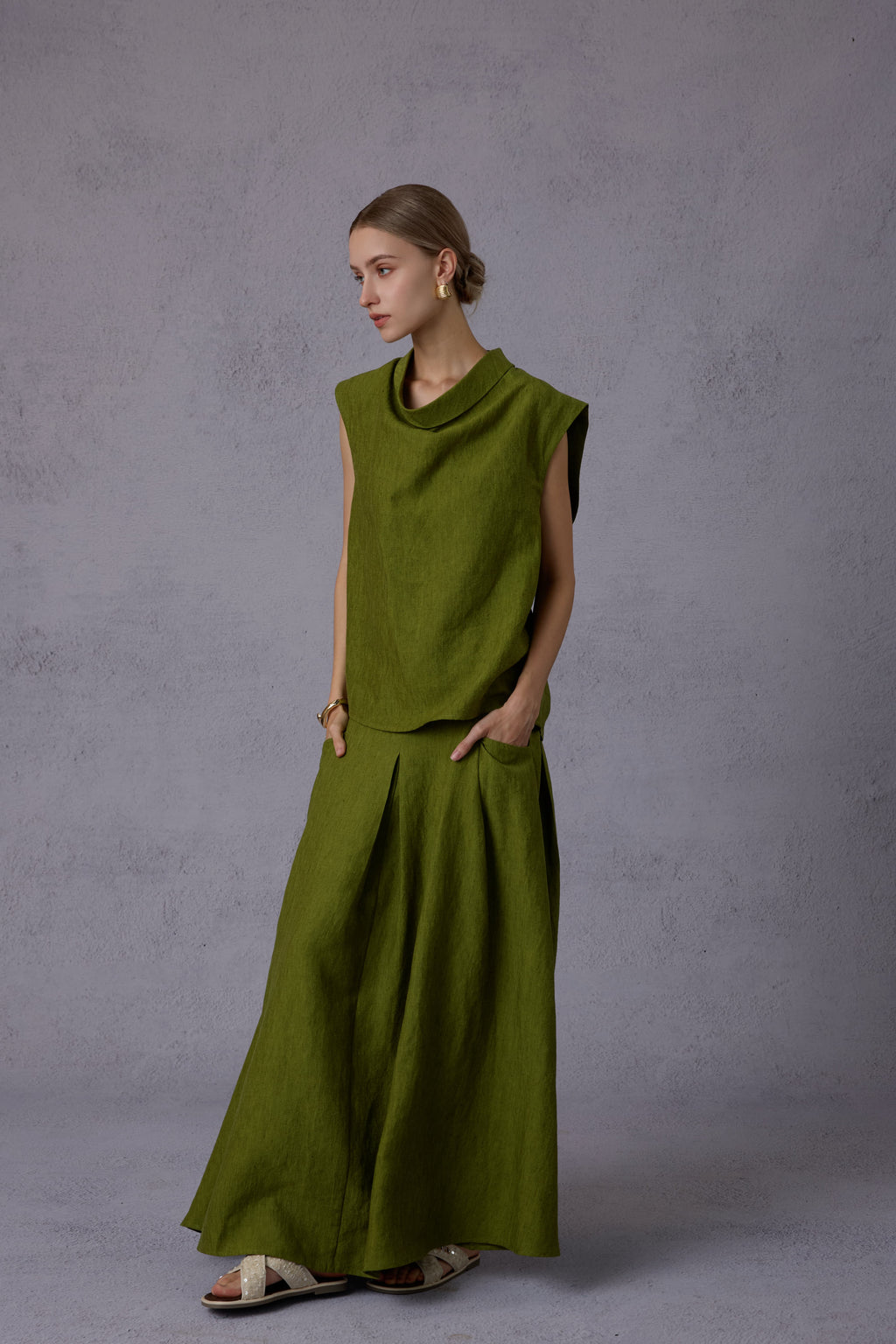 Wild Texture Hemp Sleeveless Top + Drape Big Swing Half Skirt Set