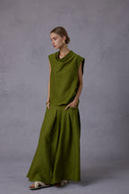 Wild Texture Hemp Sleeveless Top + Drape Big Swing Half Skirt Set