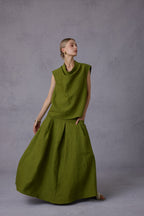 Wild Texture Hemp Sleeveless Top + Drape Big Swing Half Skirt Set