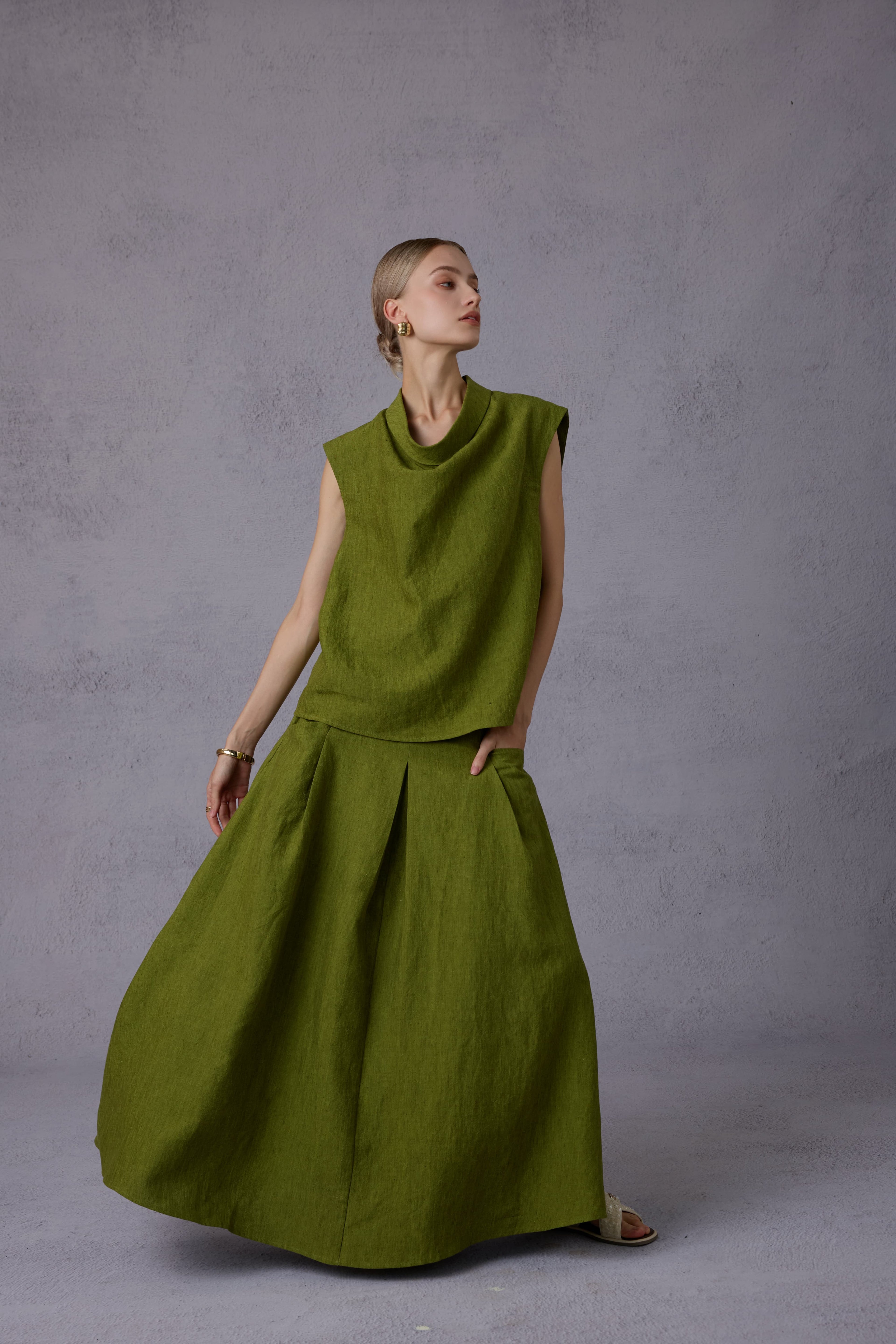 Wild Texture Hemp Sleeveless Top + Drape Big Swing Half Skirt Set