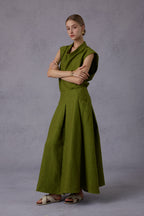Wild Texture Hemp Sleeveless Top + Drape Big Swing Half Skirt Set