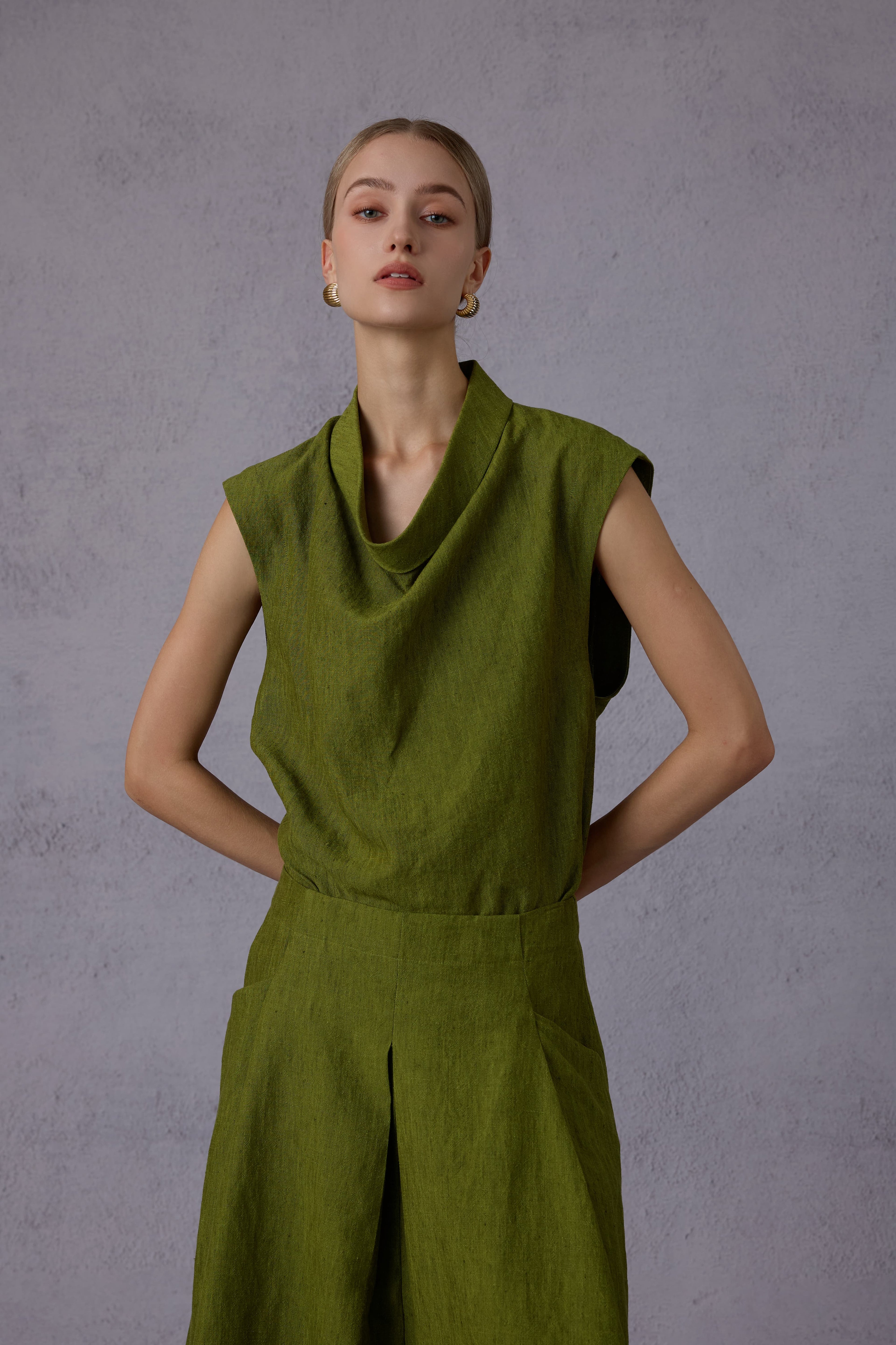 Wild Texture Hemp Sleeveless Top + Drape Big Swing Half Skirt Set