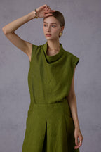 Wild Texture Hemp Sleeveless Top + Drape Big Swing Half Skirt Set