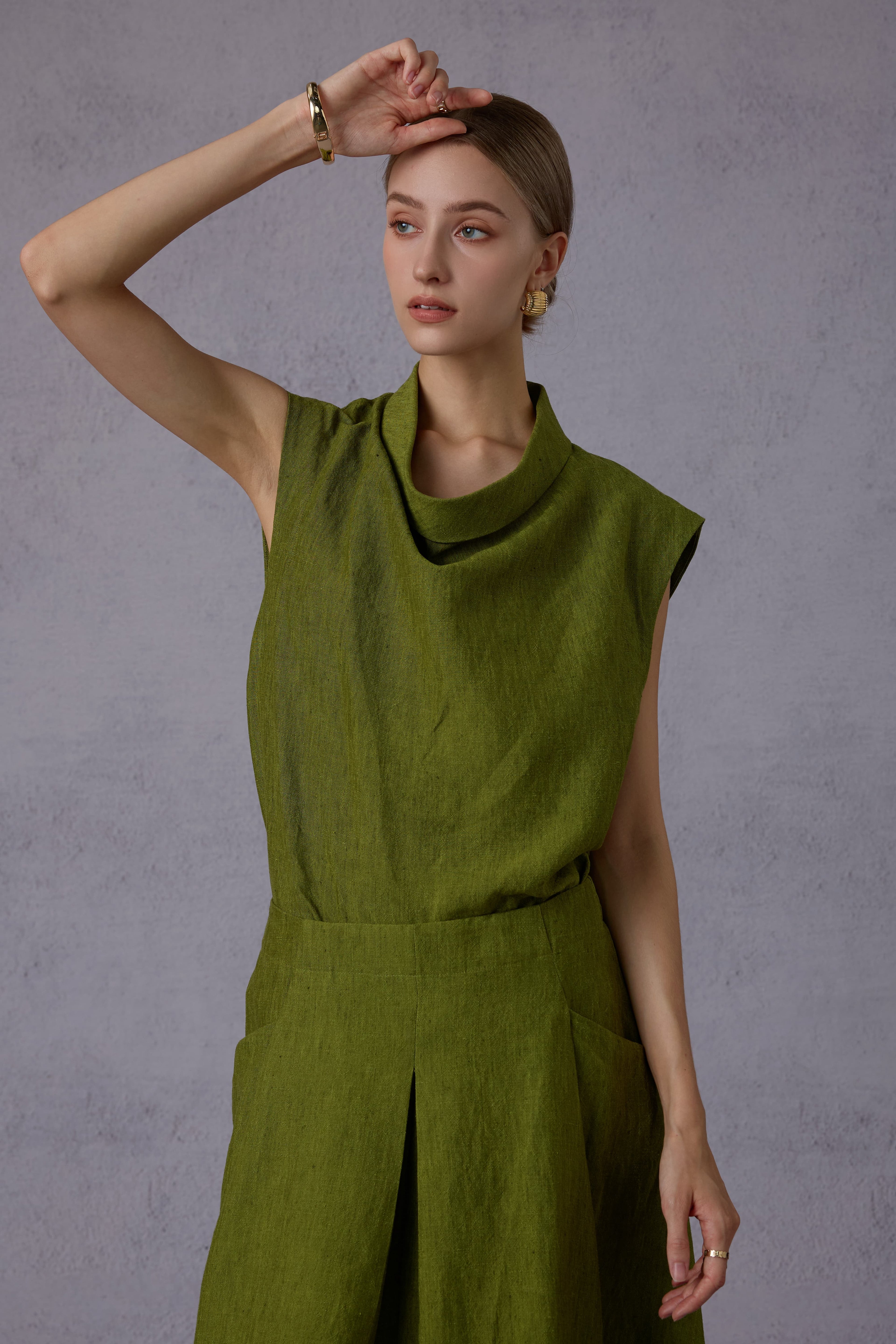 Wild Texture Hemp Sleeveless Top + Drape Big Swing Half Skirt Set