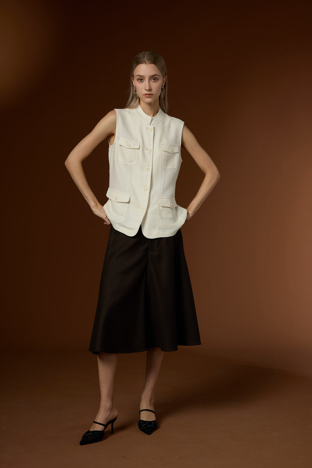 Fresh Minimal Crew Neck Linen Lyocell Vest & Worsted Wool Half Skirt Set