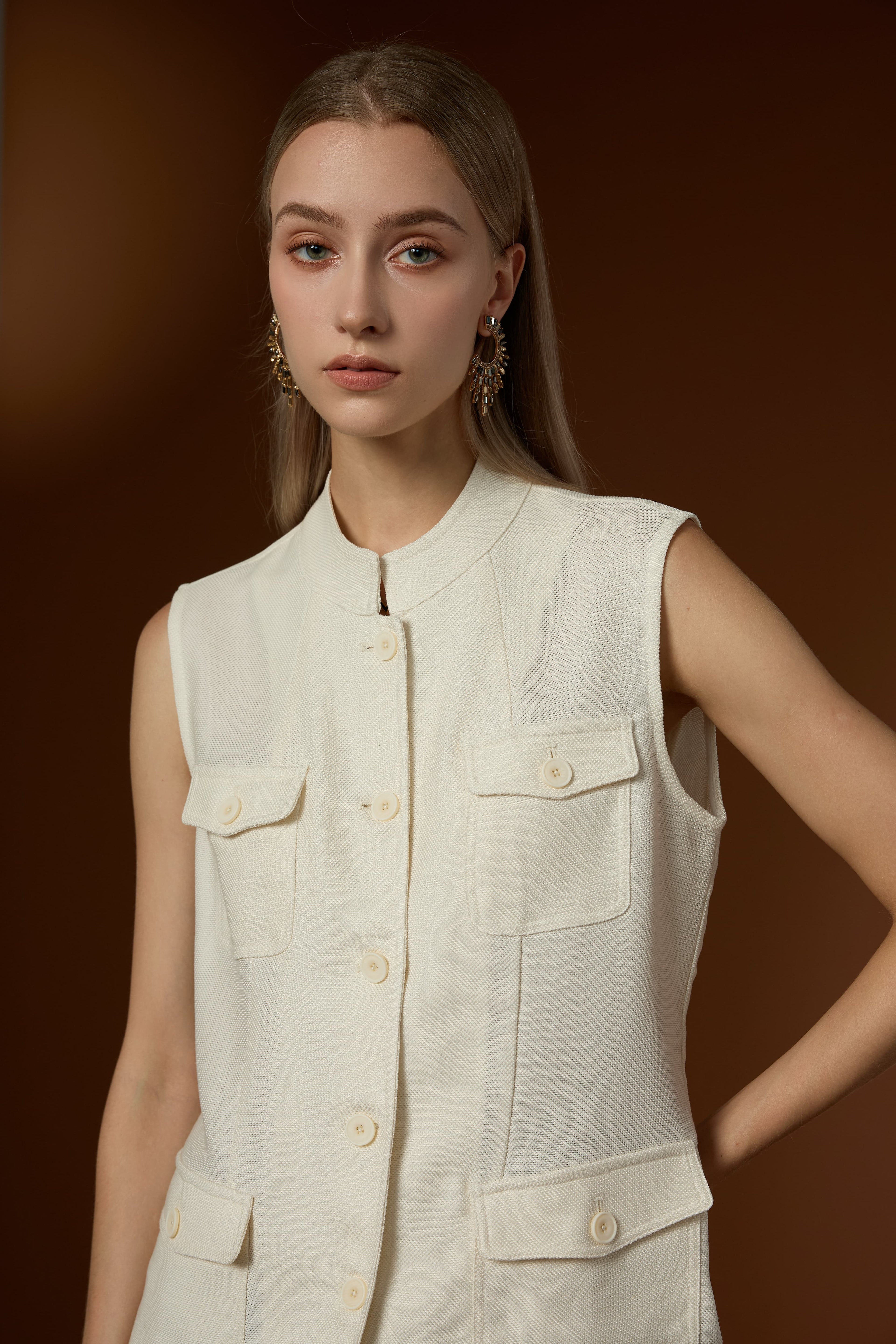 Fresh Minimal Crew Neck Linen Lyocell Vest & Worsted Wool Half Skirt Set